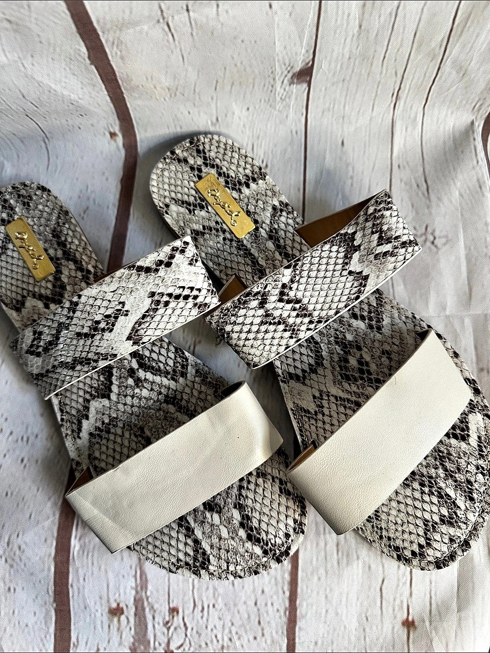 Qupid Snake Print Slide Sandals in Ivory & Brown size 8